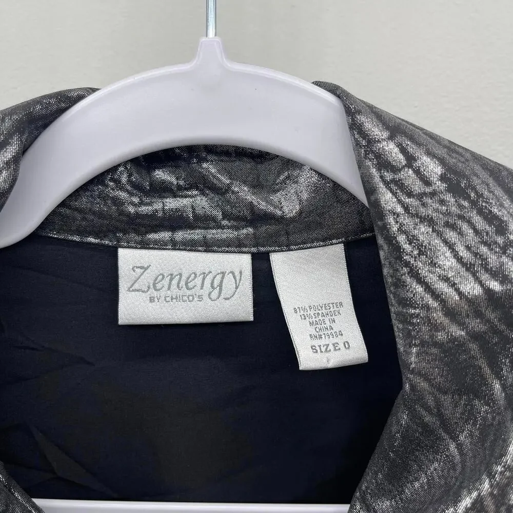 Chicos Zenergy Metallic‎ Jacket Womens XS Silver Full Zip Lightweight Casual
